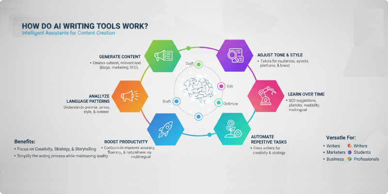 How Ai tools work Infographic explaining how AI writing tools work, including language analysis, content generation, tone adjustment, productivity features, and continuous learning.